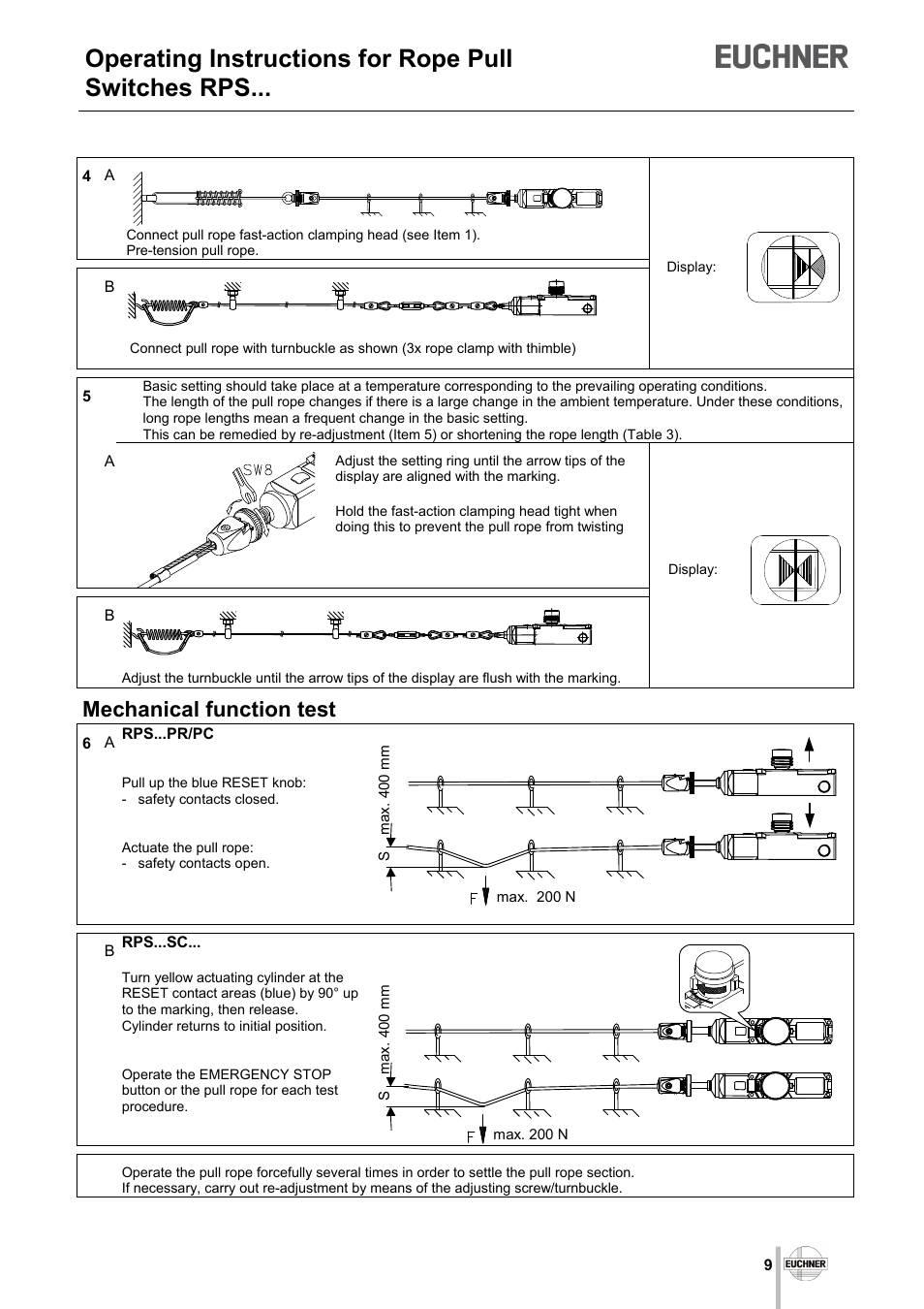 Operating instructions for rope pull switches rps, Mechanical function test | EUCHNER RPS User Manual | Page 9 / 16