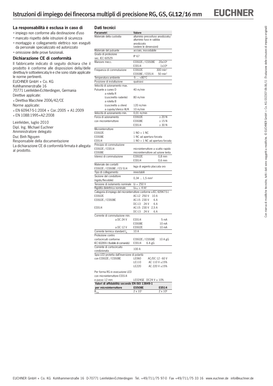 6 mm, La responsabilità è esclusa in caso di, Dichiarazione ce di conformità | Dati tecnici | EUCHNER GL 12/16 mm User Manual | Page 11 / 12