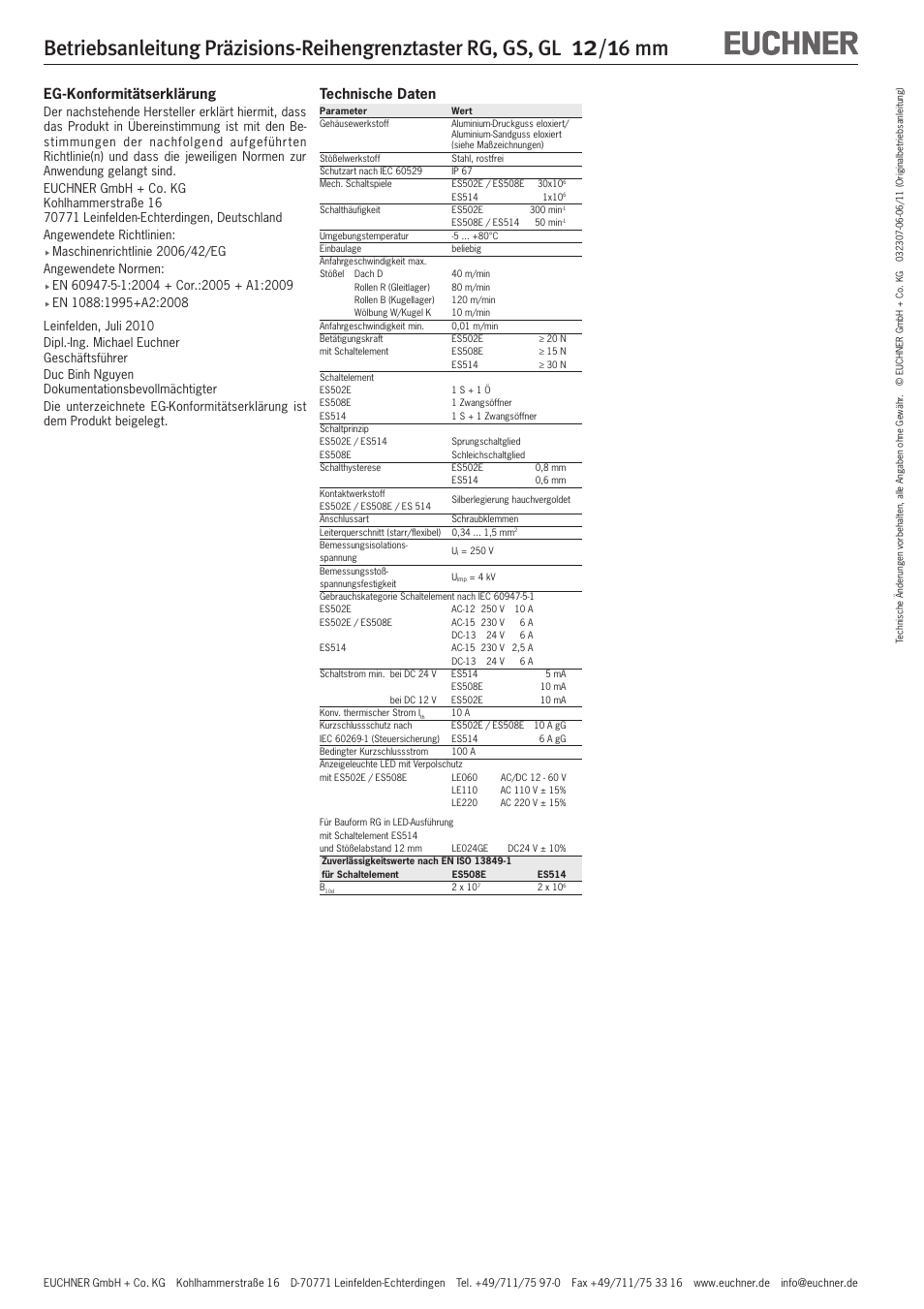 6 mm, Eg-konformitätserklärung, Technische daten | EUCHNER GL 12/16 mm User Manual | Page 2 / 12
