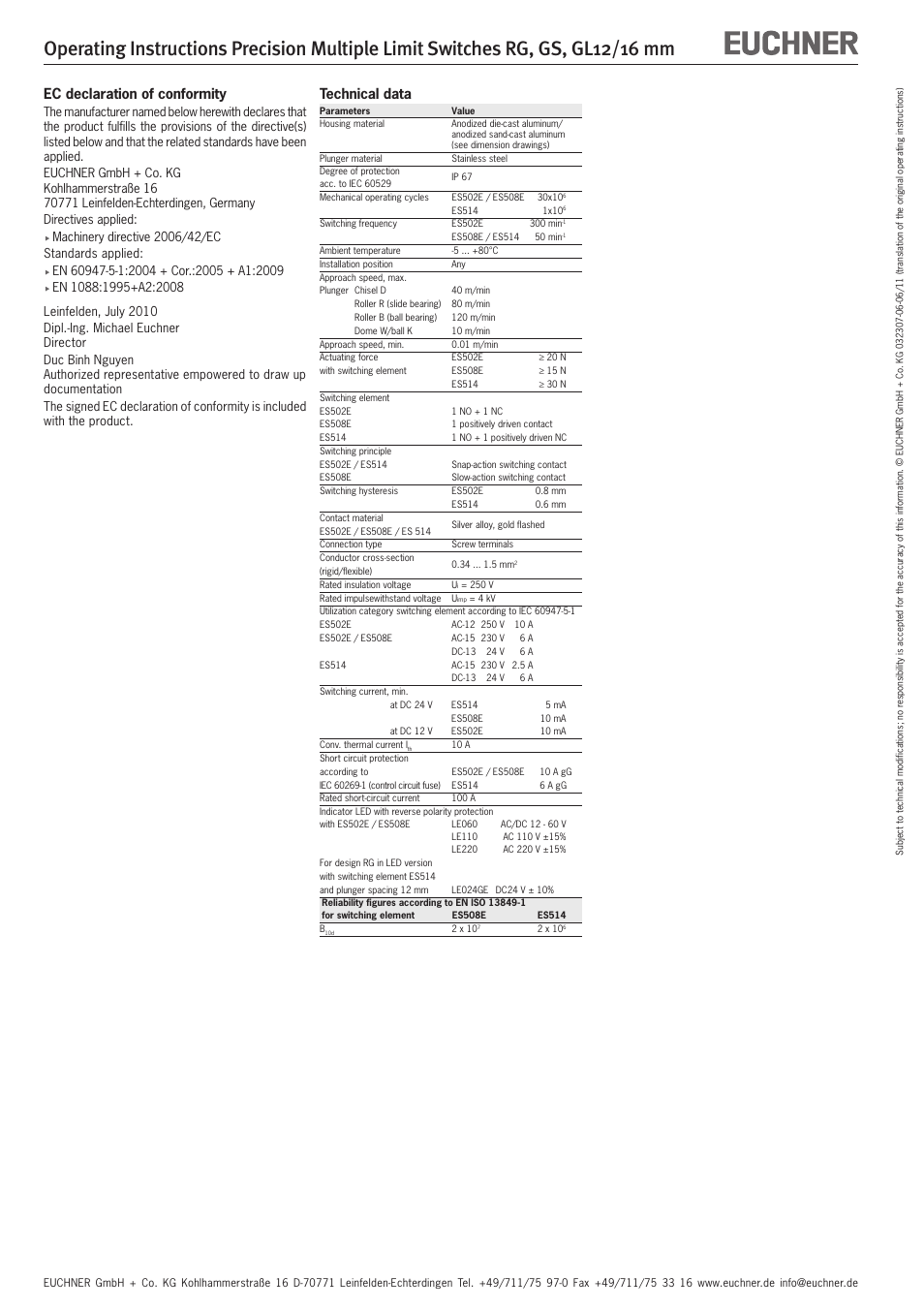 Ec declaration of conformity, Technical data | EUCHNER GL 12/16 mm User Manual | Page 5 / 12