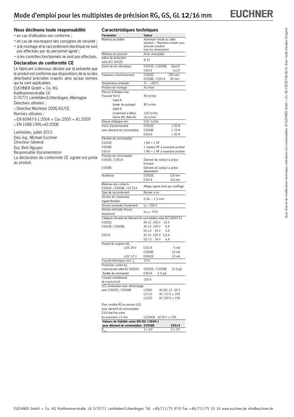 6 mm, Nous déclinons toute responsabilité, Déclaration de conformité ce | Caractéristiques techniques | EUCHNER GL 12/16 mm User Manual | Page 8 / 12