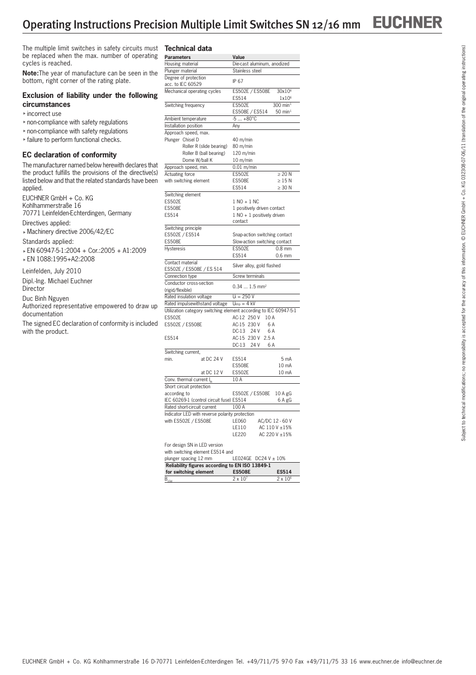 Ec declaration of conformity, Technical data | EUCHNER SN 12/16 mm User Manual | Page 5 / 12