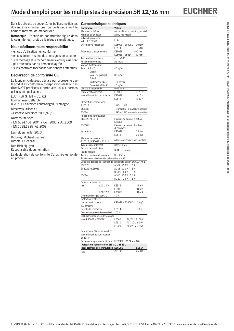 Mode d’emploi pour les multipistes de précision sn, 6 mm, Nous déclinons toute responsabilité | Déclaration de conformité ce, Caractéristiques techniques | EUCHNER SN 12/16 mm User Manual | Page 8 / 12