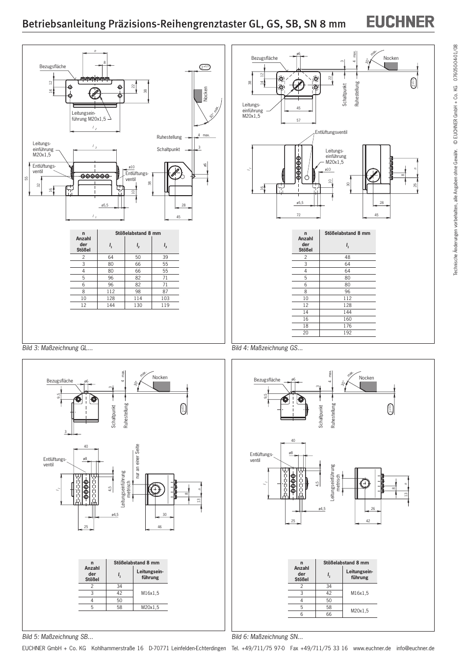 Bild 3: maßzeichnung gl, Bild 5: maßzeichnung sb, Bild 4: maßzeichnung gs | Bild 6: maßzeichnung sn | EUCHNER SN 8 mm User Manual | Page 2 / 8