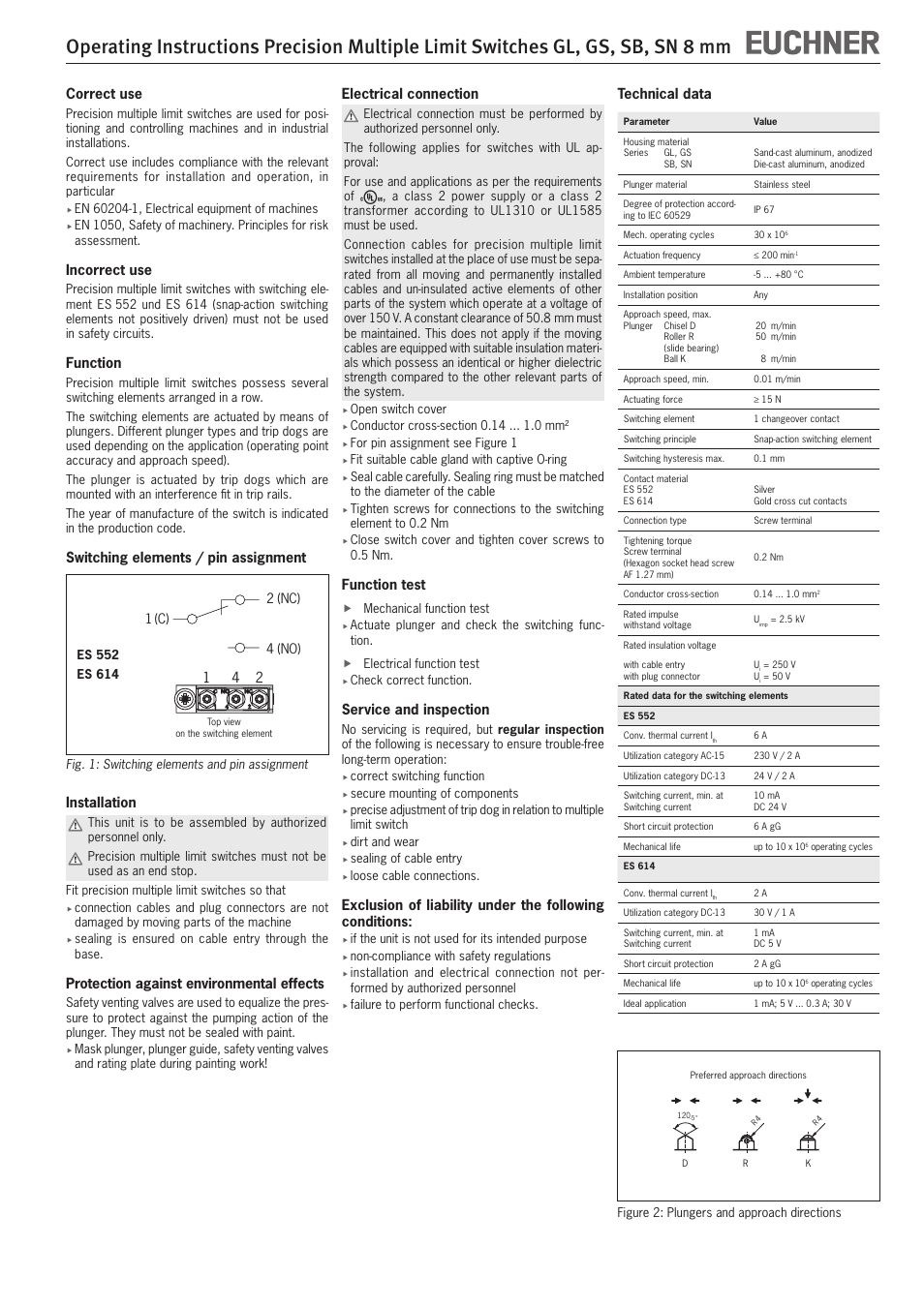 Correct use, Incorrect use, Function | Switching elements / pin assignment, Installation, Protection against environmental effects, Electrical connection, Function test, Service and inspection, Technical data | EUCHNER SN 8 mm User Manual | Page 3 / 8