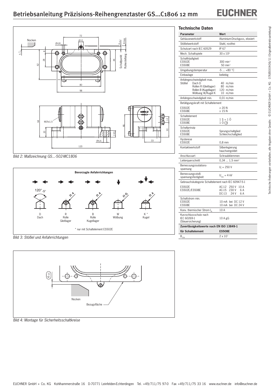 Technische daten, Bild 3: stößel und anfahrrichtungen, Bild 4: montage für sicherheitsschaltkreise | EUCHNER GSxxxC1806 12 mm User Manual | Page 2 / 8