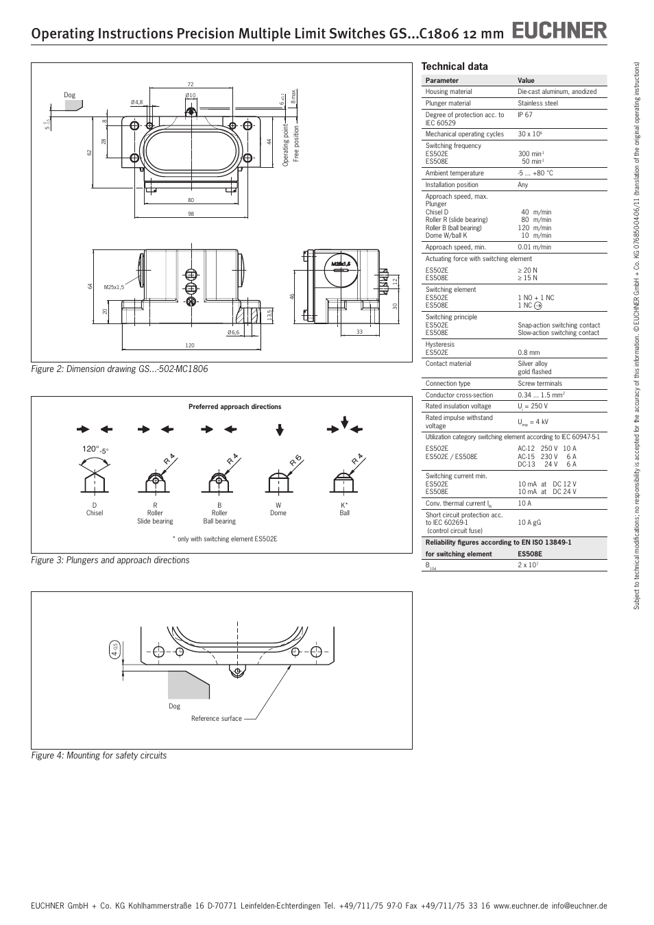 Technical data, Figure 3: plungers and approach directions, Figure 4: mounting for safety circuits | EUCHNER GSxxxC1806 12 mm User Manual | Page 4 / 8