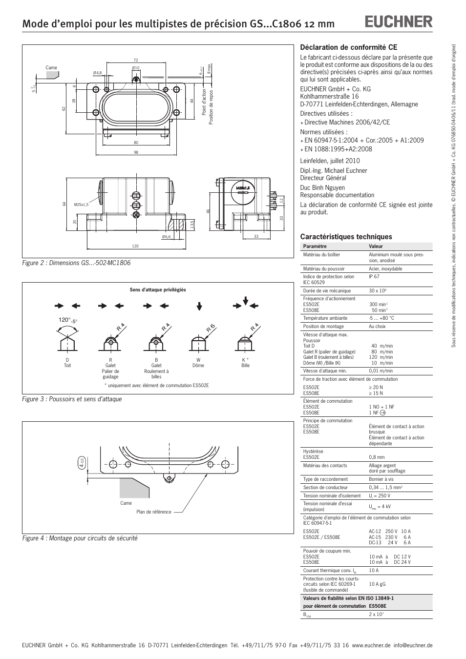 Déclaration de conformité ce, Caractéristiques techniques | EUCHNER GSxxxC1806 12 mm User Manual | Page 6 / 8