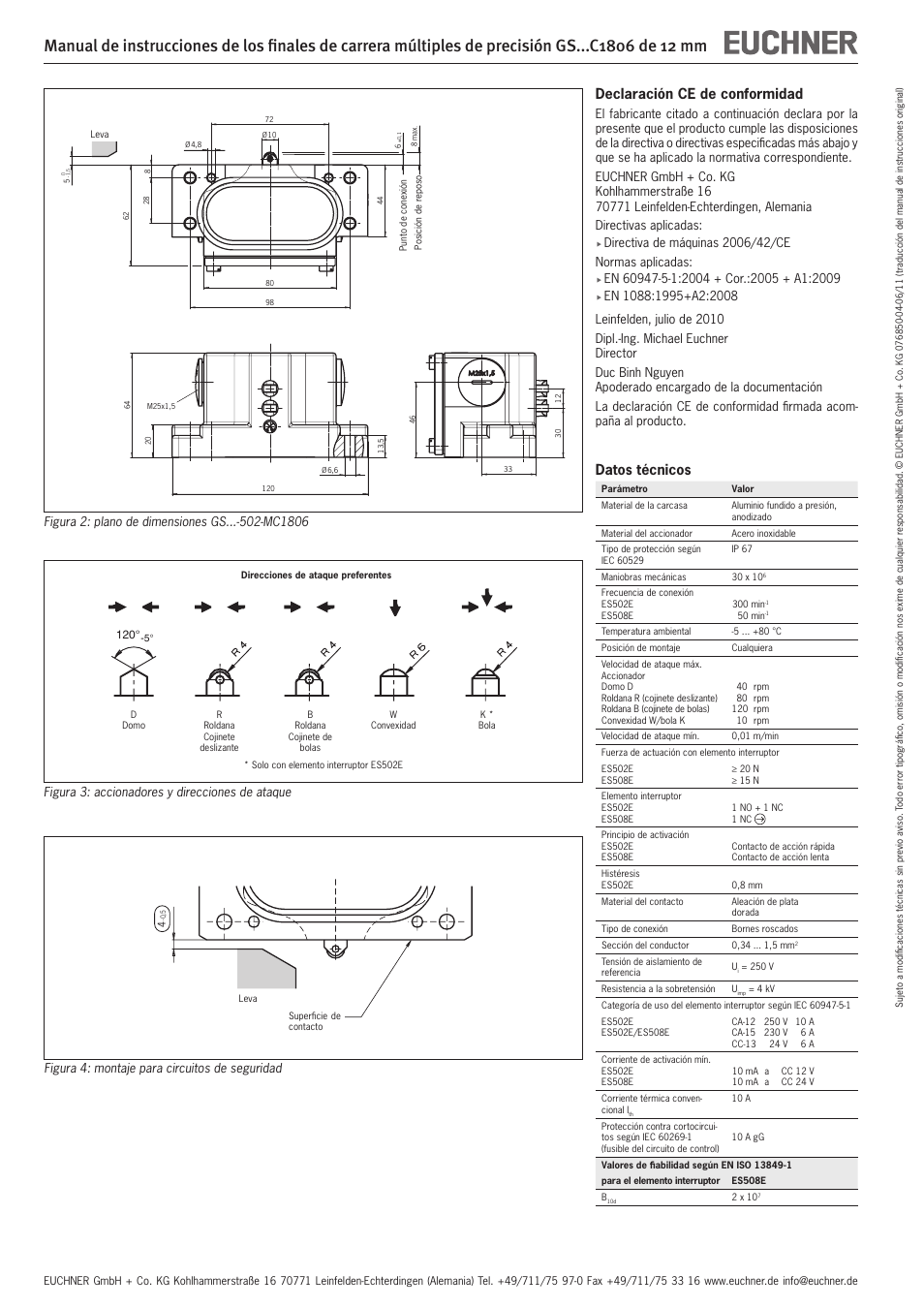 Declaración ce de conformidad, Datos técnicos | EUCHNER GSxxxC1806 12 mm User Manual | Page 8 / 8
