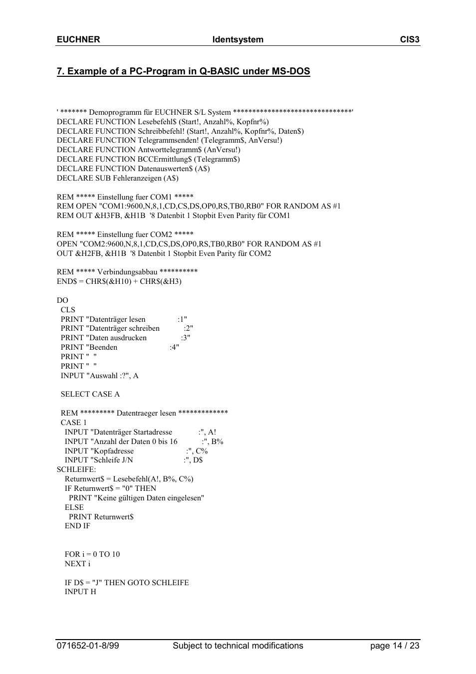 Example of a pc-program in q-basic under ms-dos | EUCHNER CIS3(A) User Manual | Page 14 / 23