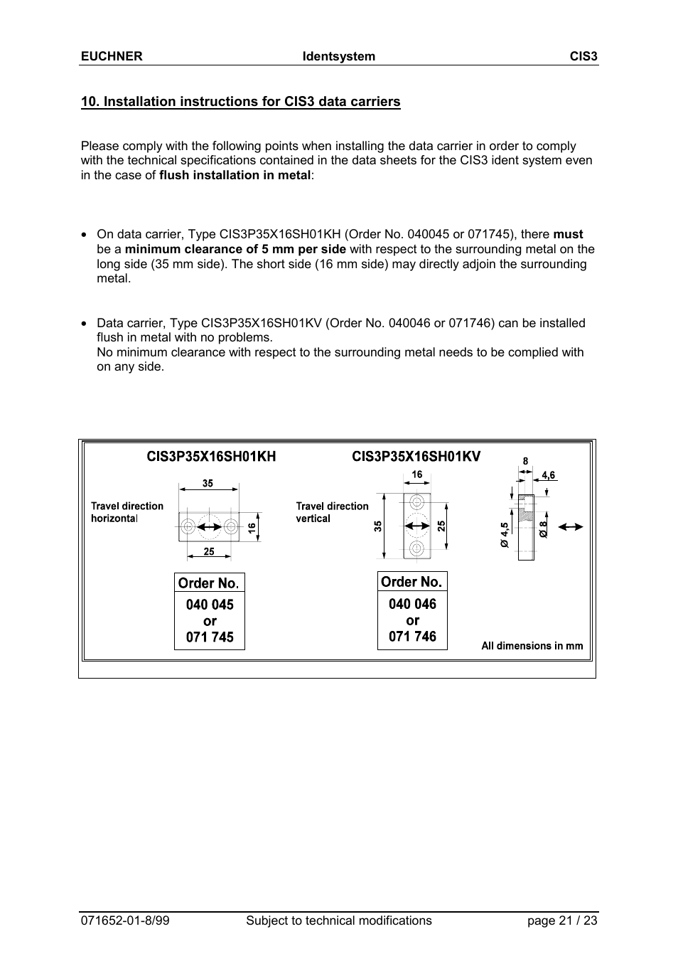 Installation instructions for cis3 data carriers | EUCHNER CIS3(A) User Manual | Page 21 / 23
