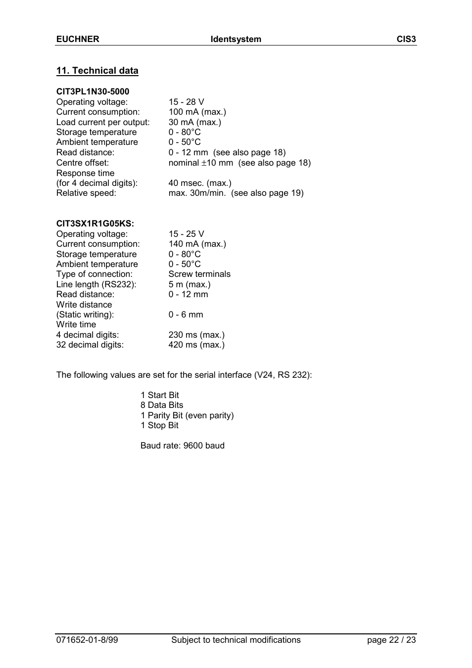 Technical data | EUCHNER CIS3(A) User Manual | Page 22 / 23