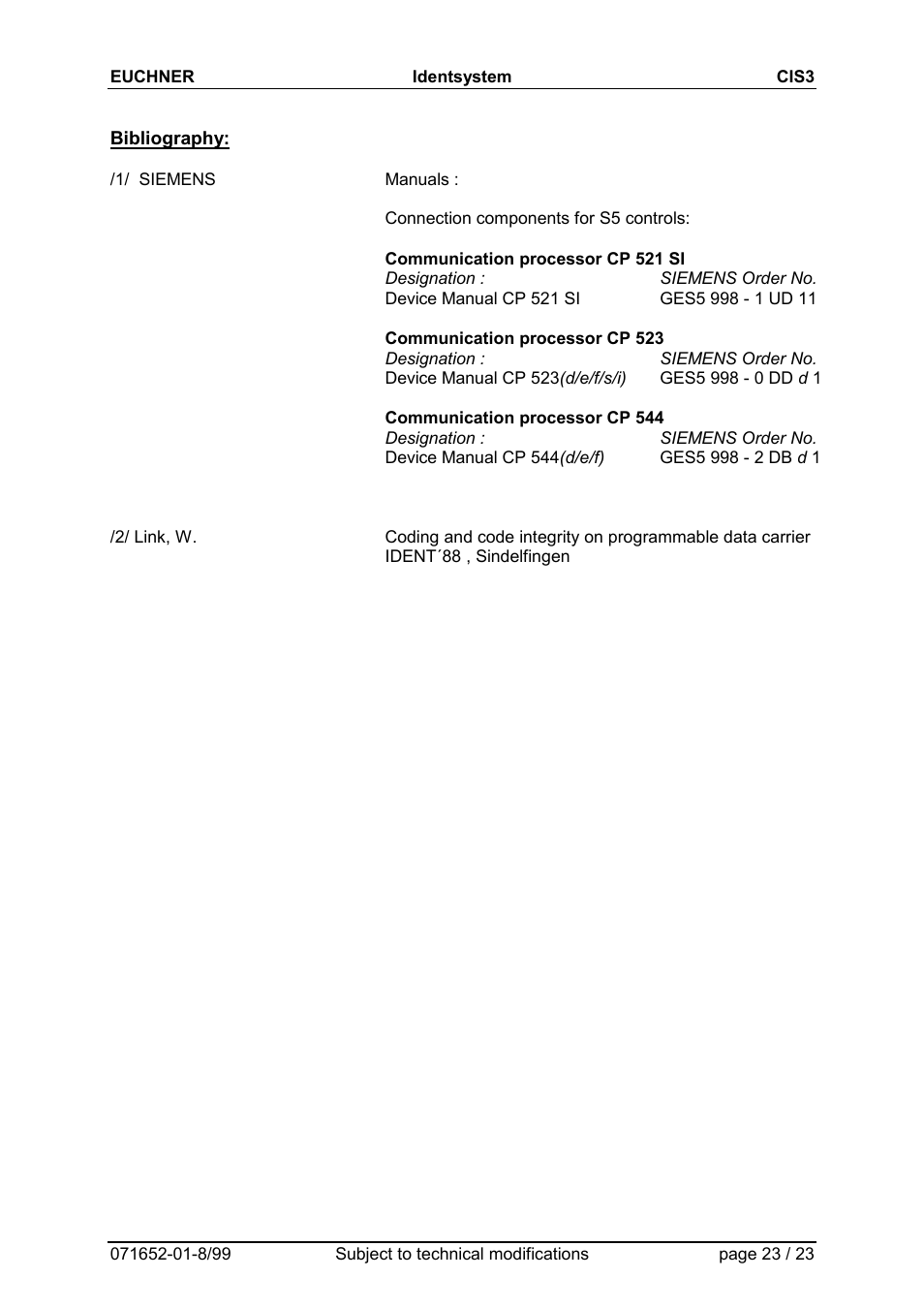 Bibliography | EUCHNER CIS3(A) User Manual | Page 23 / 23