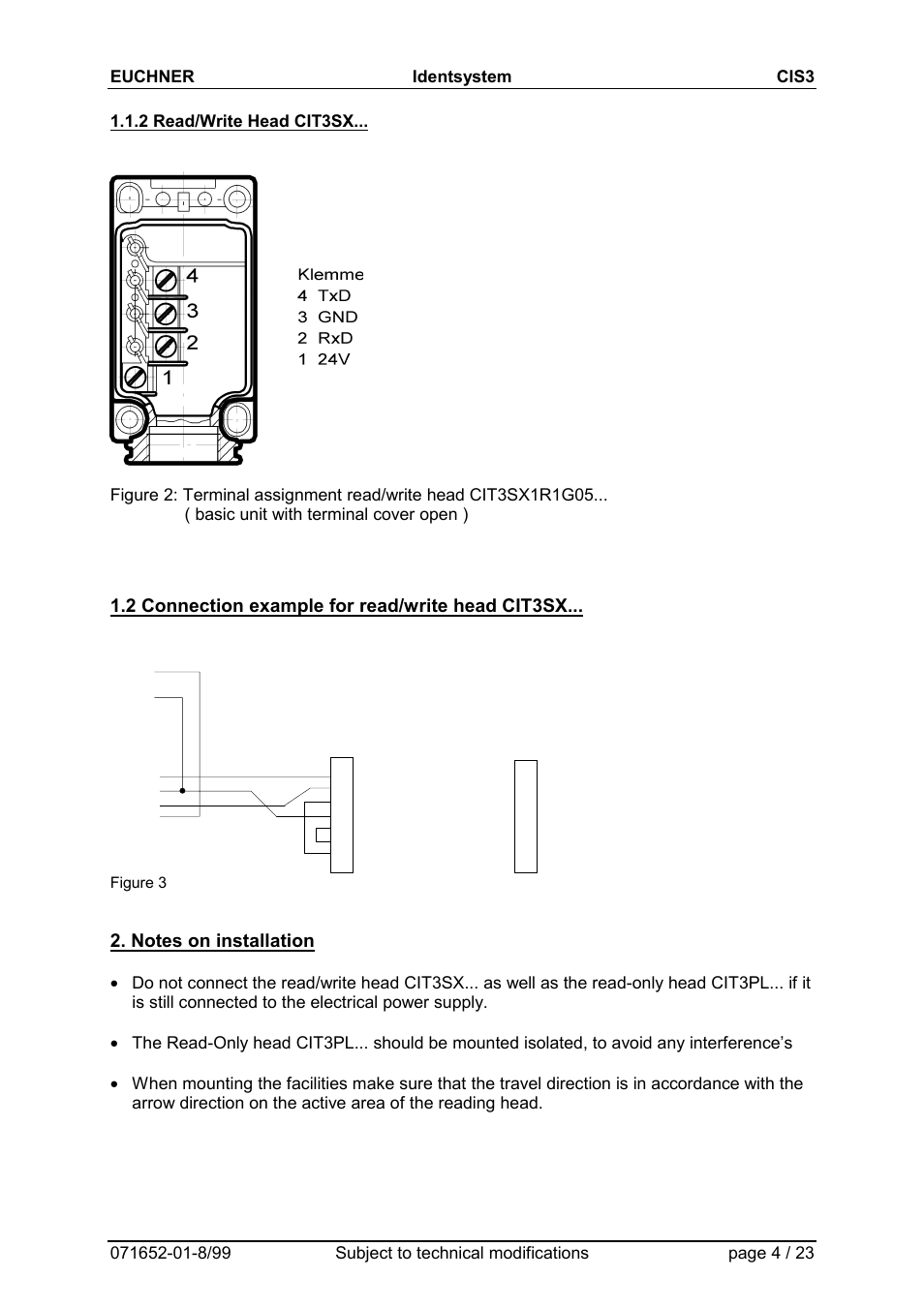2 read/write head cit3sx, 2 connection example for read/write head cit3sx, Notes on installation | Pc oder sps | EUCHNER CIS3(A) User Manual | Page 4 / 23