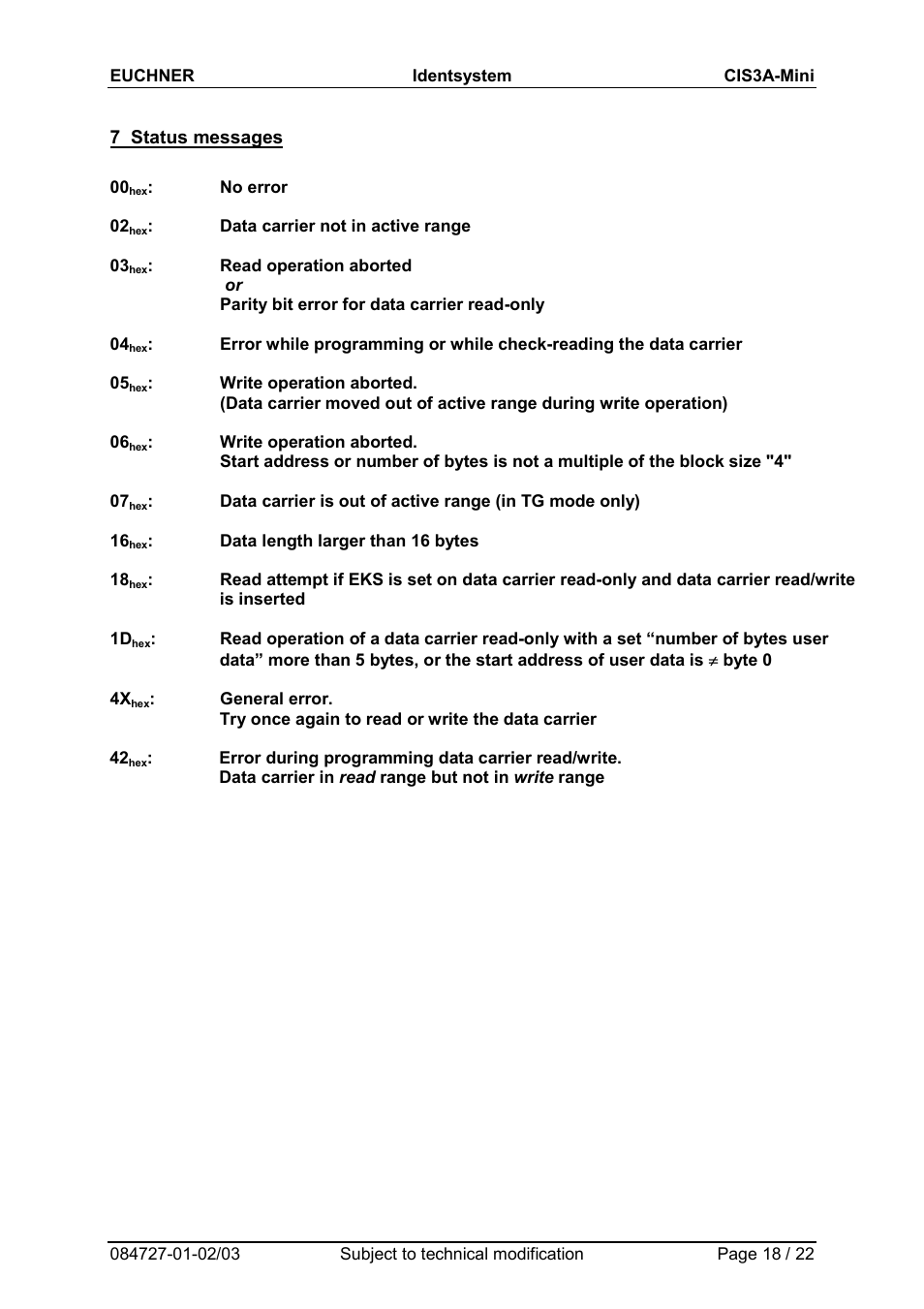 7 status messages | EUCHNER CIS3A-Mini User Manual | Page 18 / 22