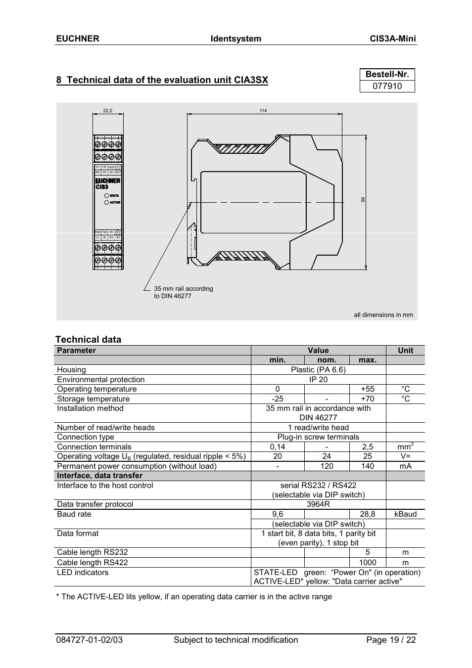 8 technical data of the evaluation unit cia3sx, Technical data | EUCHNER CIS3A-Mini User Manual | Page 19 / 22