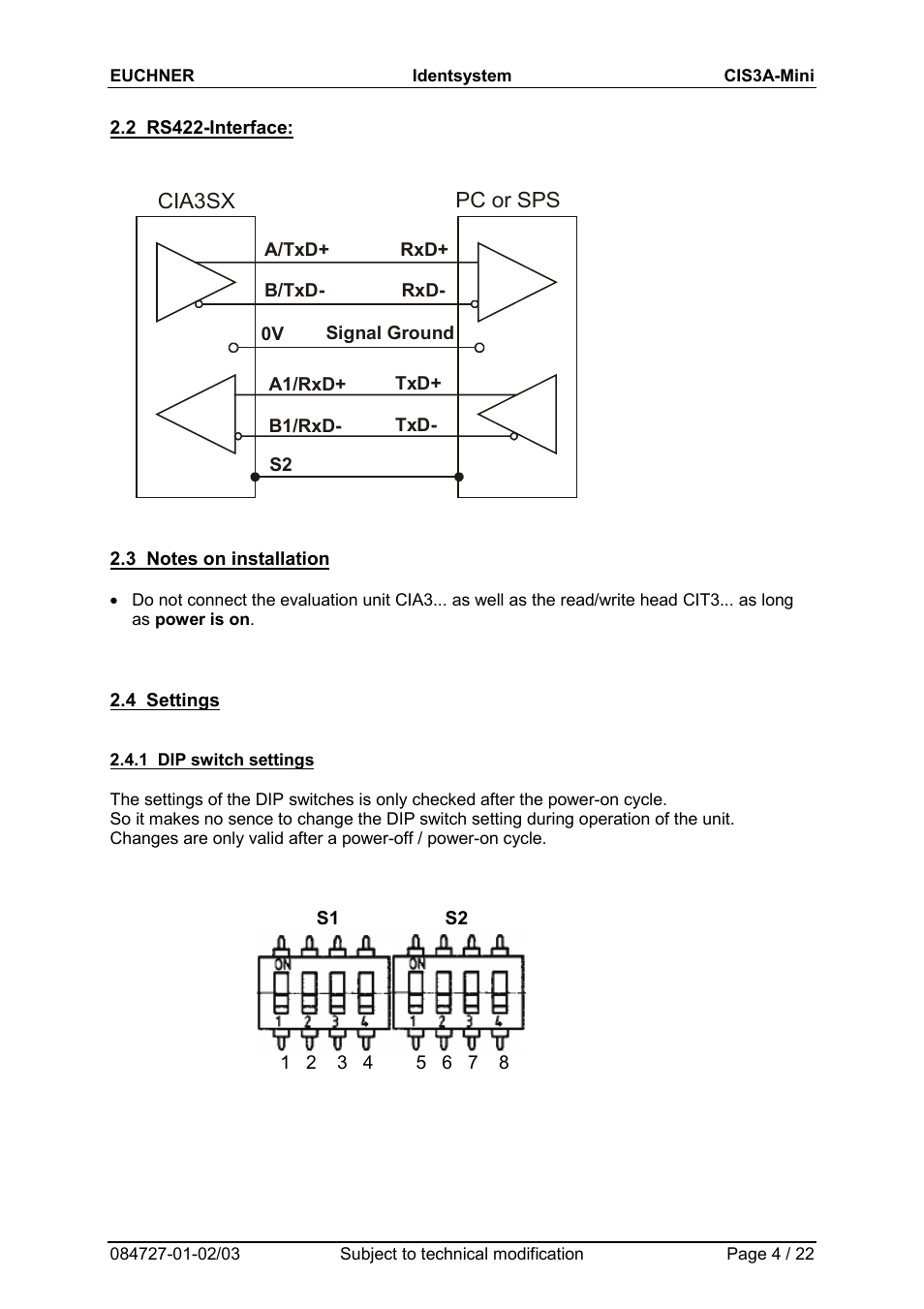 2 rs422-interface, 3 notes on installation, 4 settings | 1 dip switch settings, Cia3sx pc or sps | EUCHNER CIS3A-Mini User Manual | Page 4 / 22