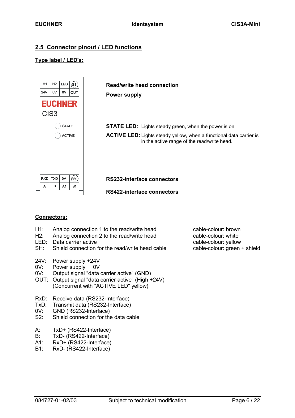 Cis 3, Cis3, 5 connector pinout / led functions | EUCHNER CIS3A-Mini User Manual | Page 6 / 22