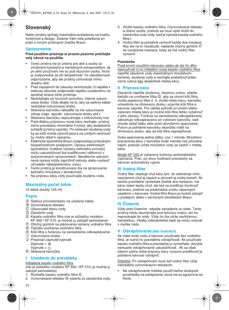 Slovensk | Braun CafHouse Silver KF 510 User Manual | Page 24 / 33