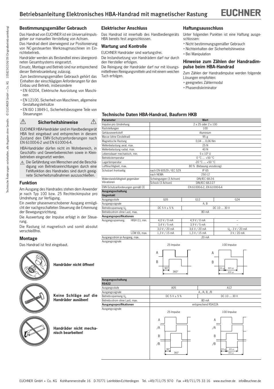 EUCHNER Electronic HBA handwheel with magnetic detent User Manual | 4 pages