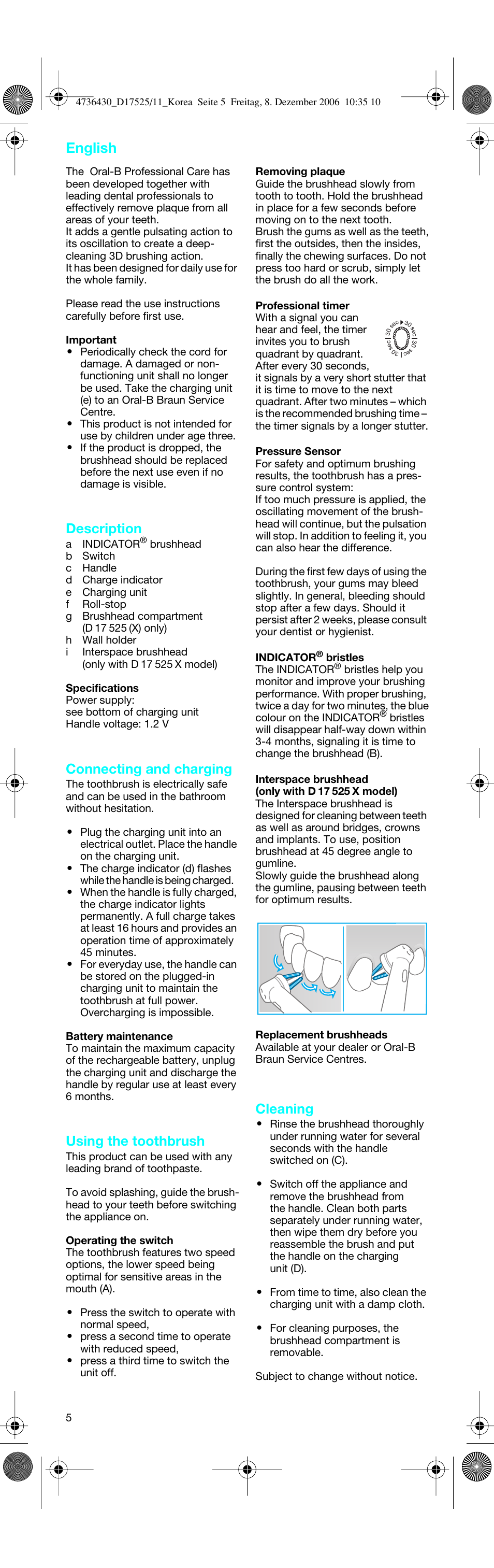 English, Description, Connecting and charging | Using the toothbrush, Cleaning | Braun D17525 User Manual | Page 5 / 6