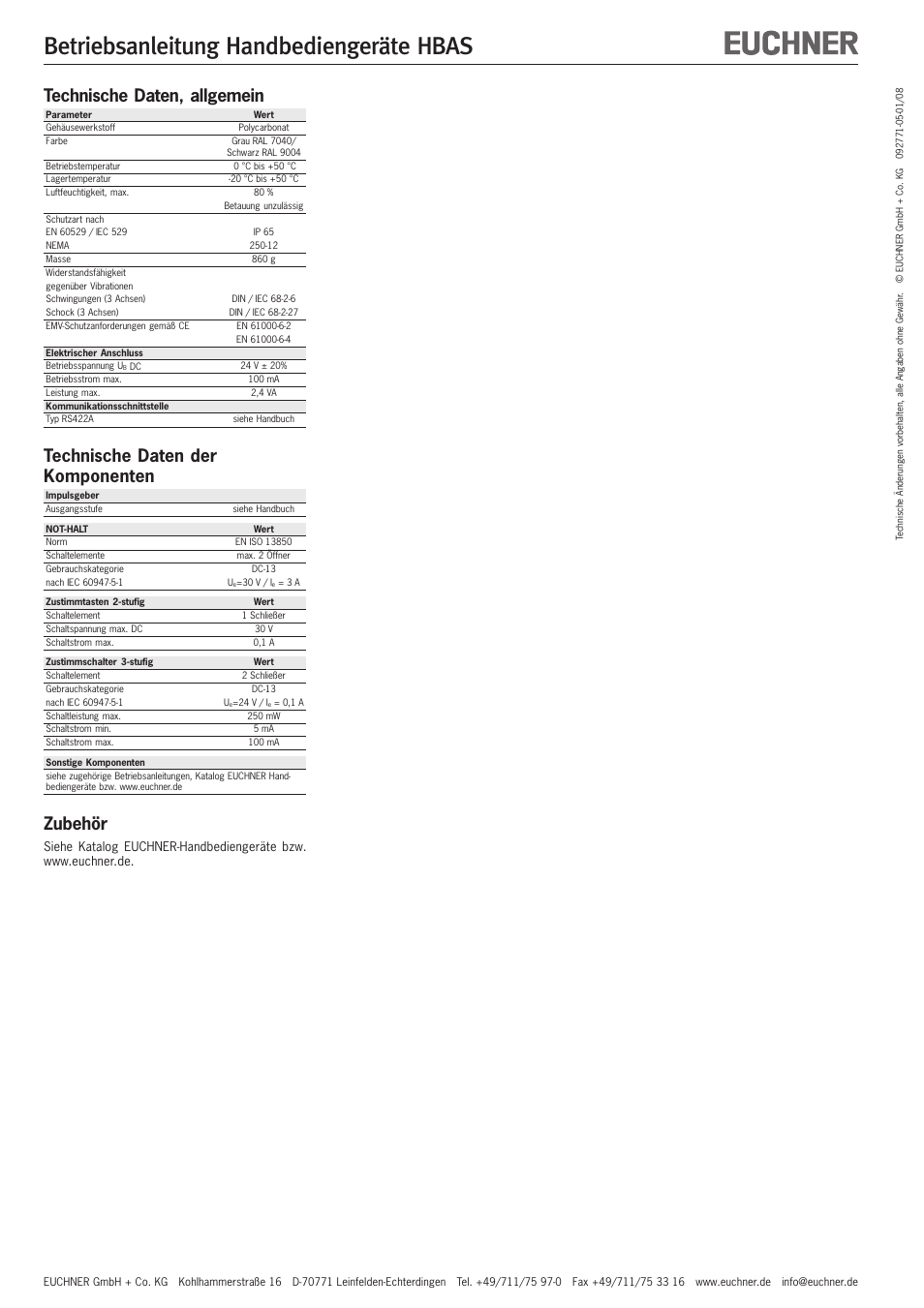 Betriebsanleitung handbediengeräte hbas, Technische daten, allgemein, Technische daten der komponenten | Zubehör | EUCHNER HBAS User Manual | Page 2 / 8