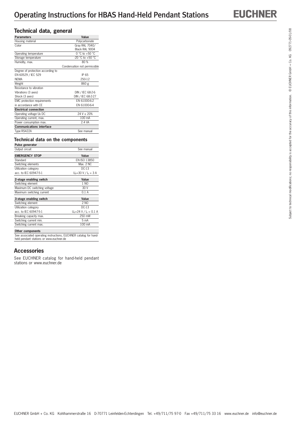 Technical data, general, Accessories, Technical data on the components | EUCHNER HBAS User Manual | Page 4 / 8