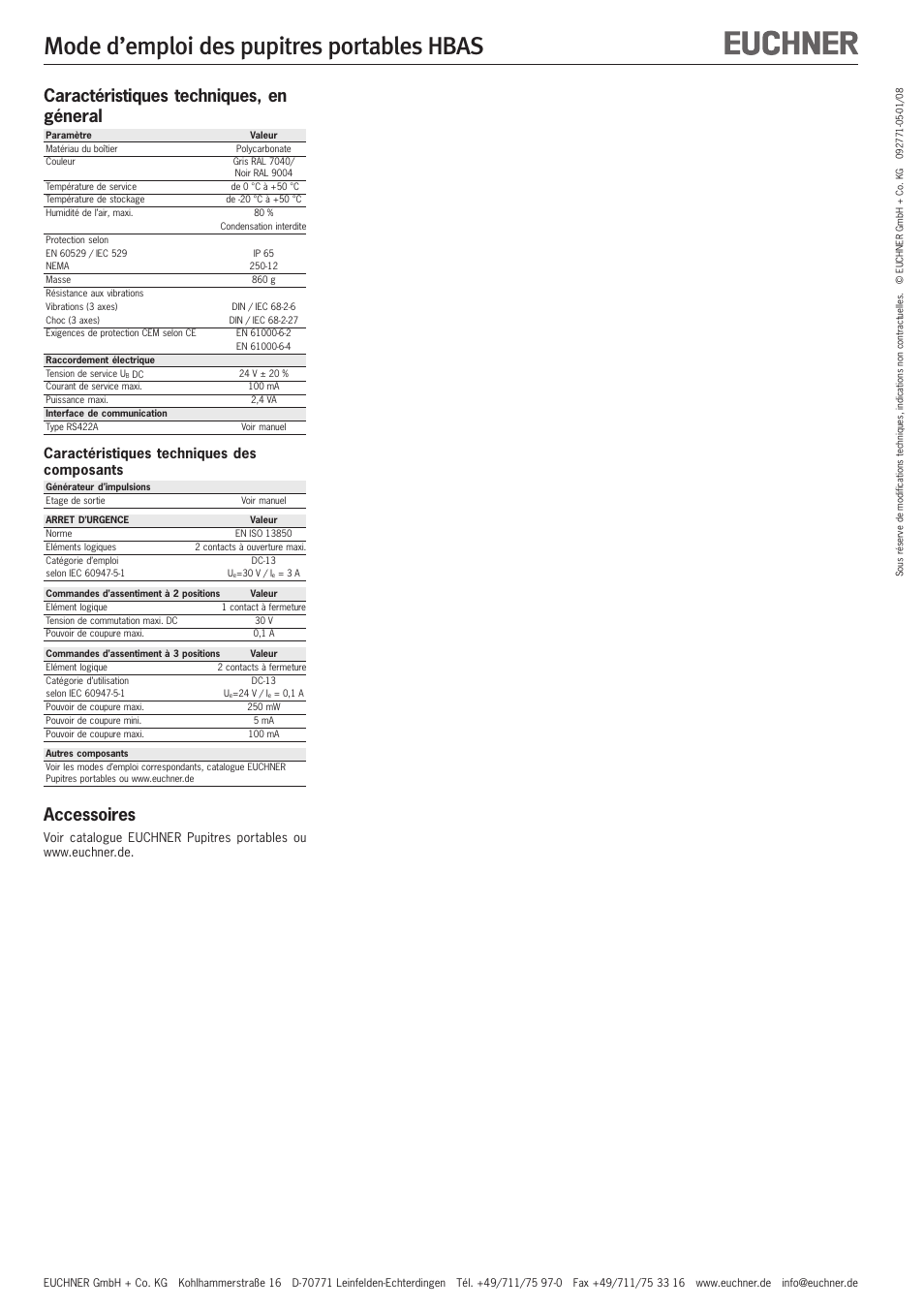 Mode d’emploi des pupitres portables hbas, Caractéristiques techniques, en géneral, Accessoires | Caractéristiques techniques des composants | EUCHNER HBAS User Manual | Page 6 / 8