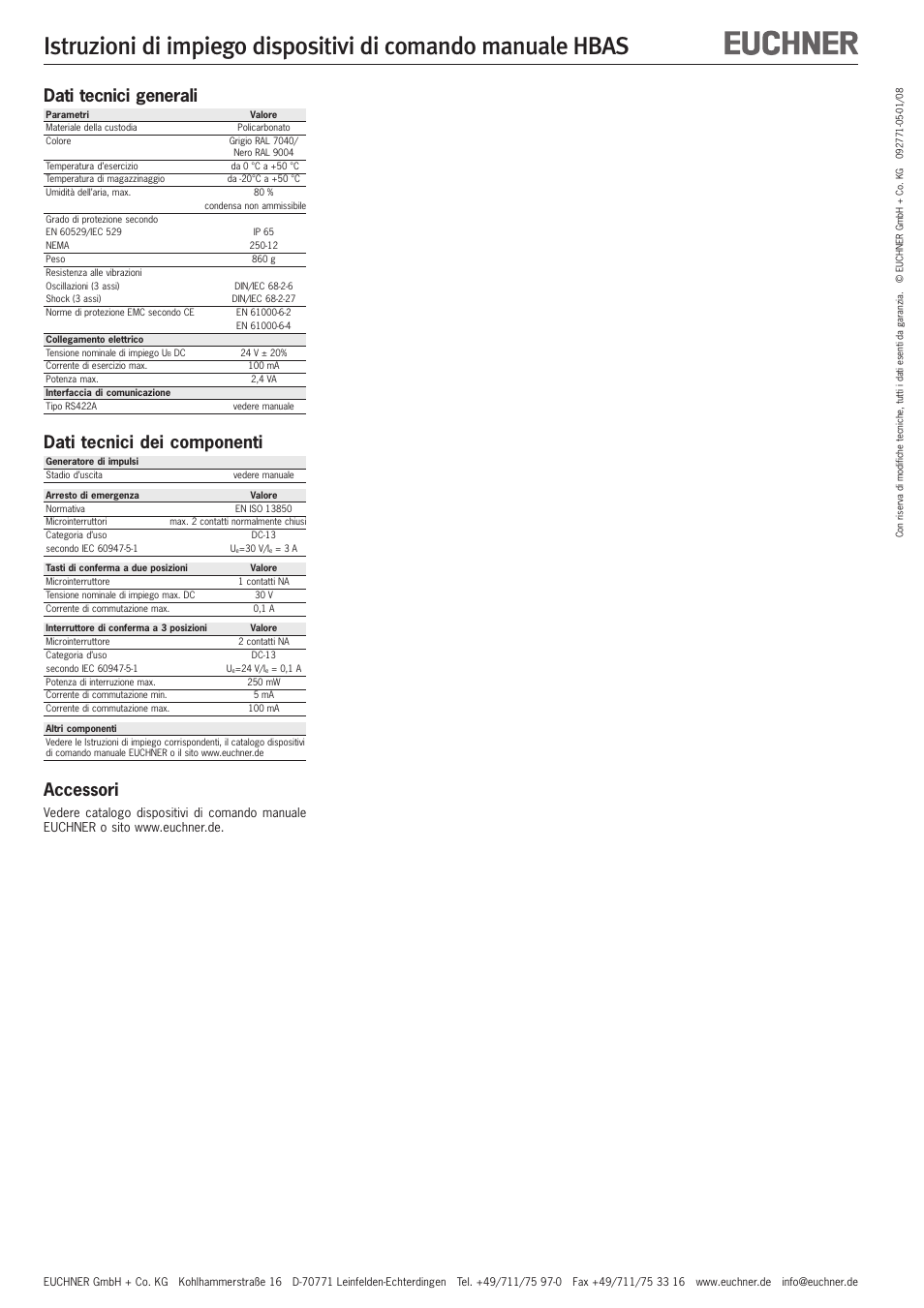 Dati tecnici generali, Dati tecnici dei componenti, Accessori | EUCHNER HBAS User Manual | Page 8 / 8