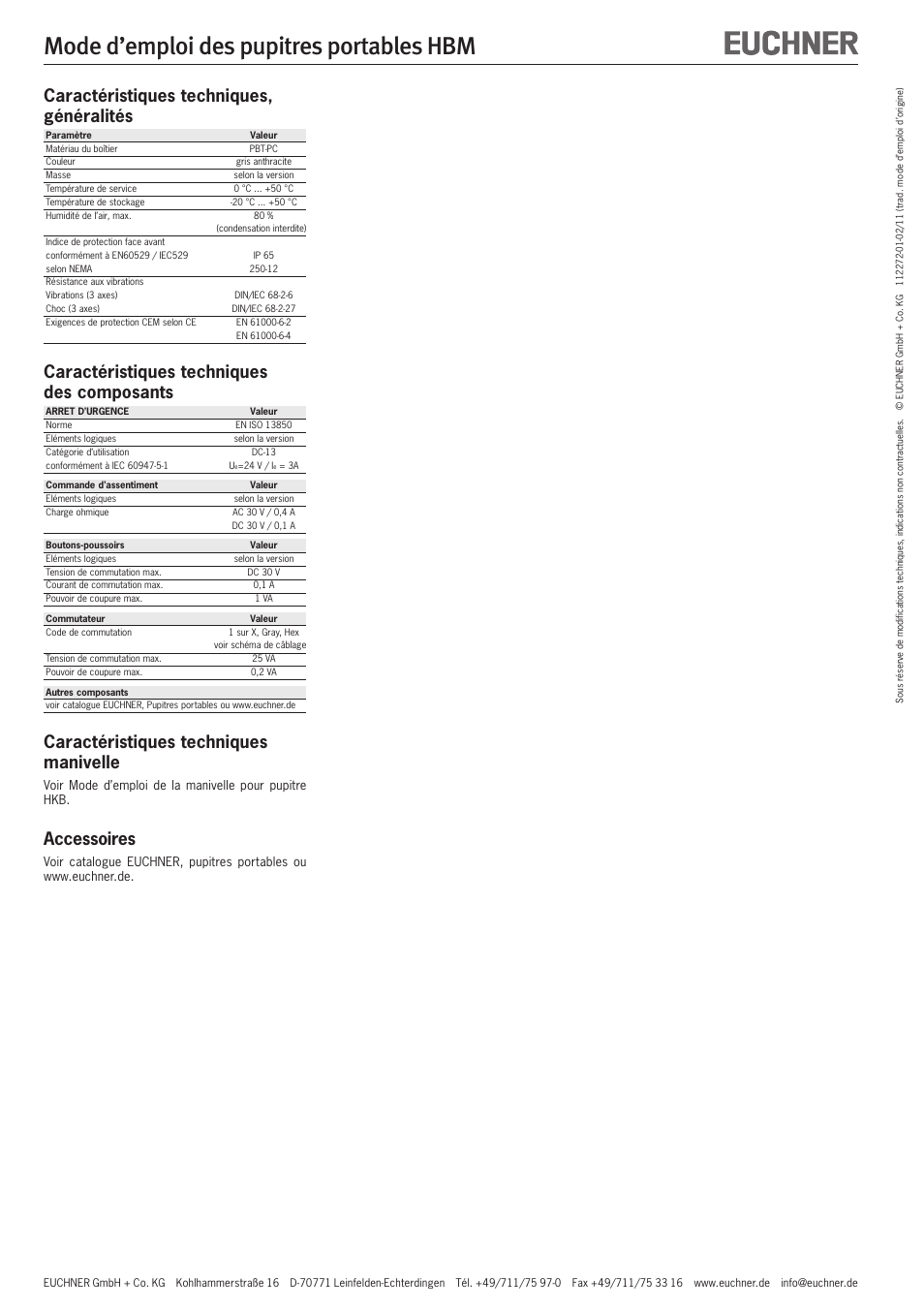 Mode d’emploi des pupitres portables hbm, Caractéristiques techniques, généralités, Caractéristiques techniques des composants | Caractéristiques techniques manivelle, Accessoires | EUCHNER HBM User Manual | Page 6 / 8