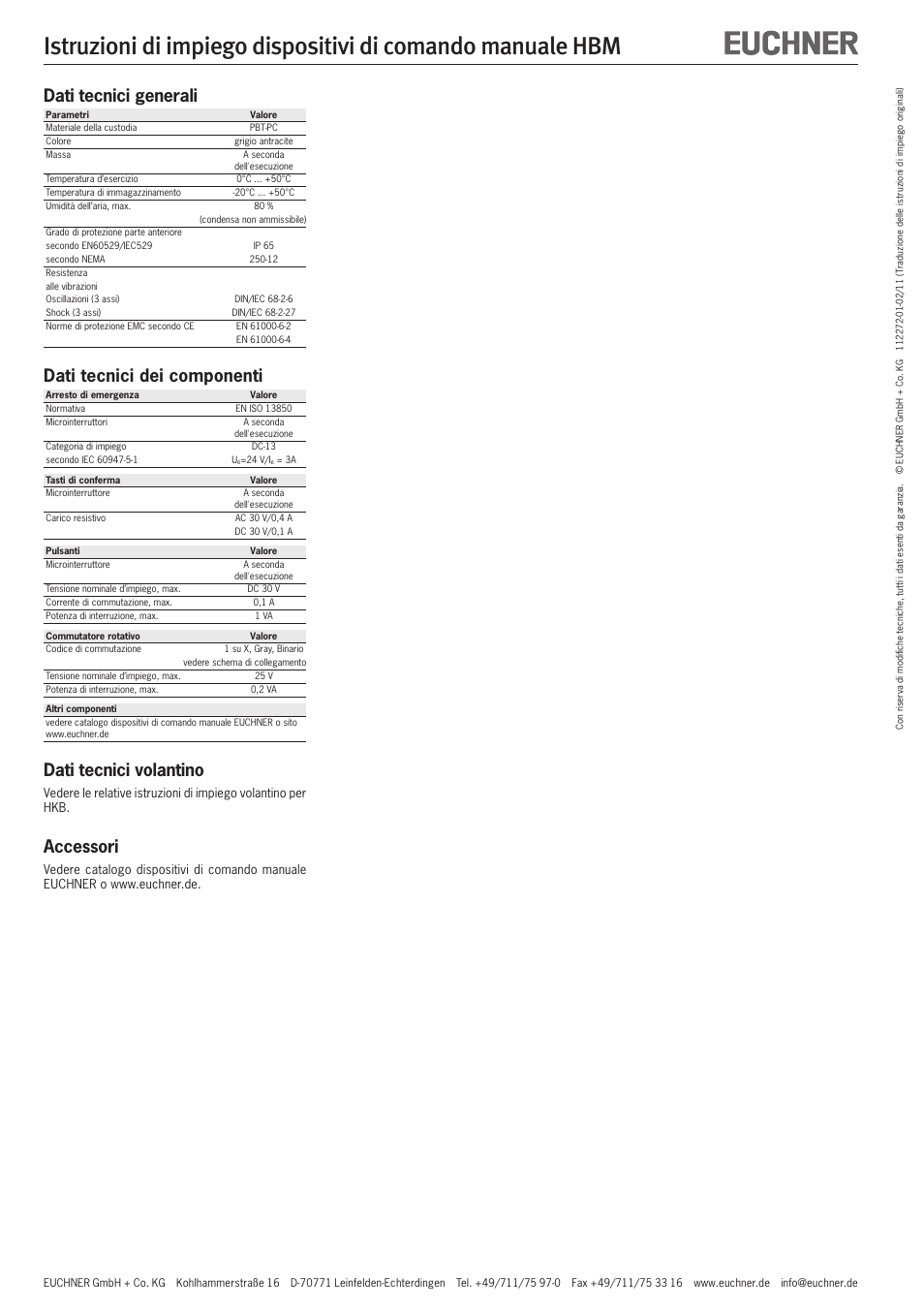 Dati tecnici generali, Dati tecnici dei componenti, Dati tecnici volantino | Accessori | EUCHNER HBM User Manual | Page 8 / 8