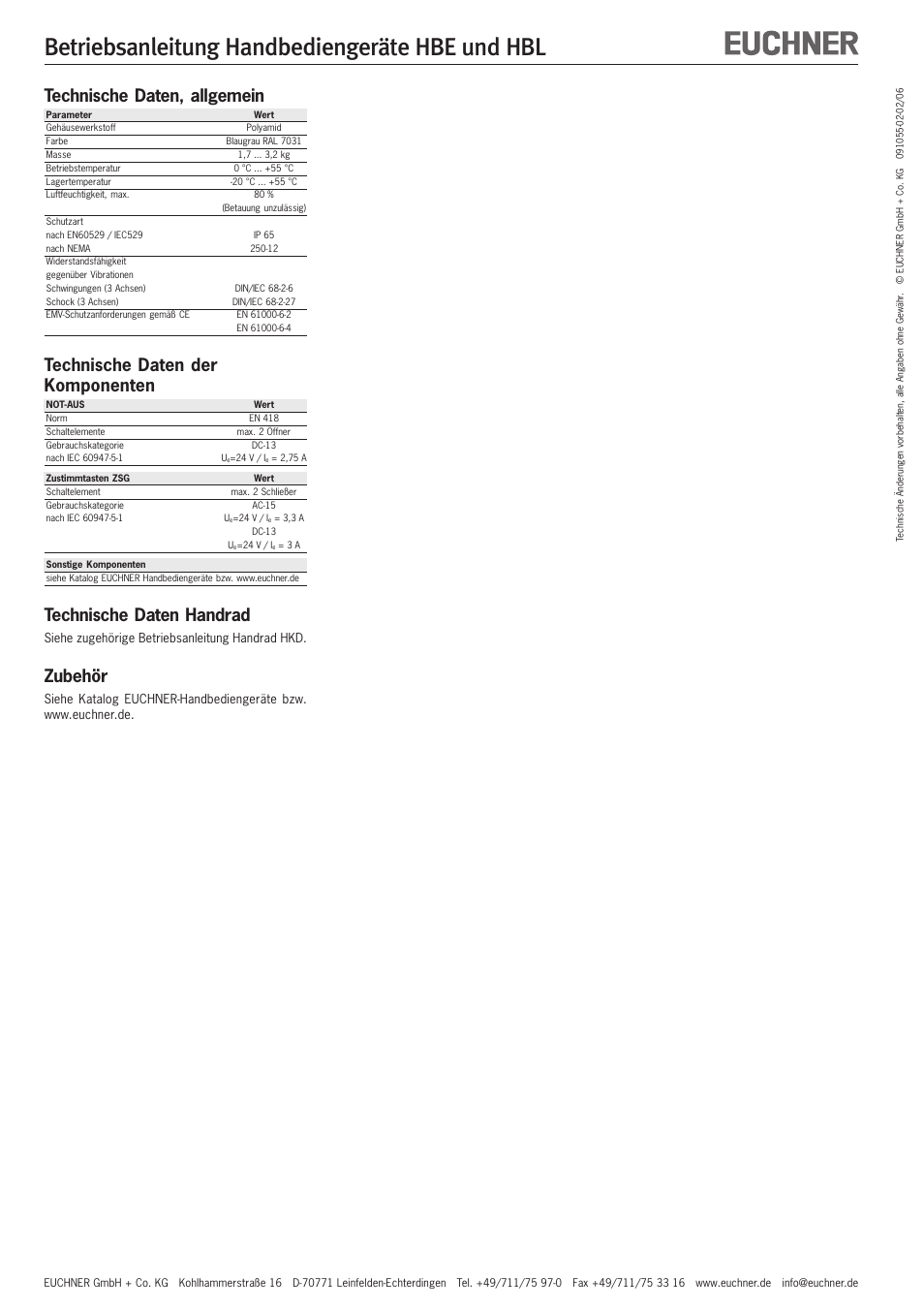 Betriebsanleitung handbediengeräte hbe und hbl, Technische daten, allgemein, Technische daten der komponenten | Technische daten handrad, Zubehör | EUCHNER HBL User Manual | Page 2 / 8