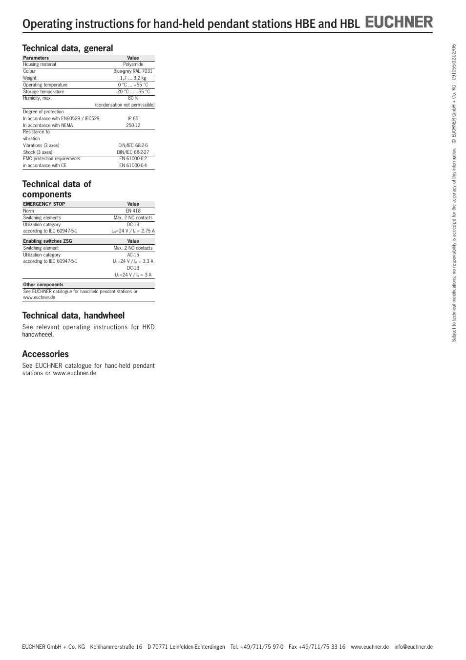 Technical data, general, Technical data of components, Technical data, handwheel | Accessories | EUCHNER HBL User Manual | Page 4 / 8