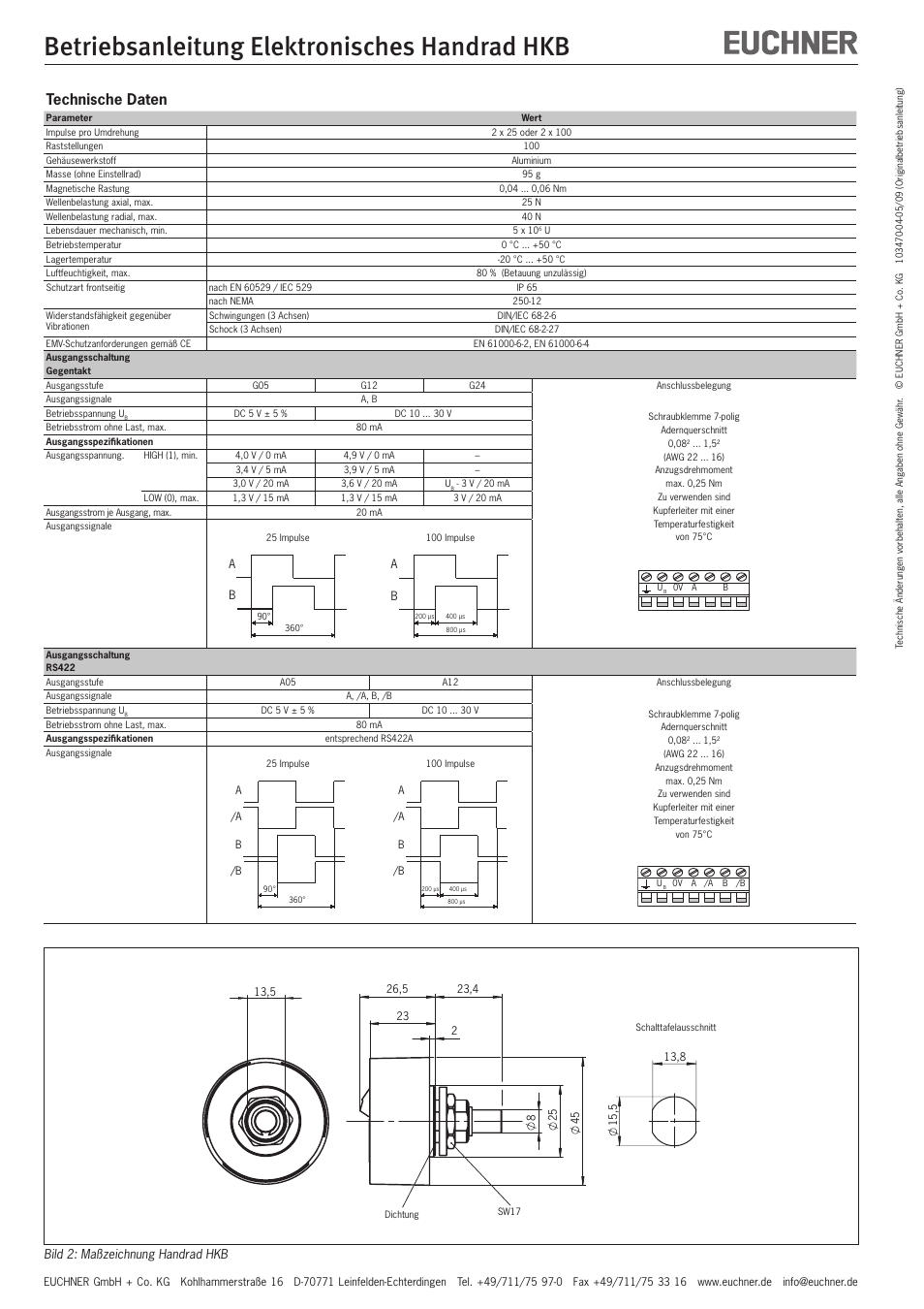 Betriebsanleitung elektronisches handrad hkb, Technische daten | EUCHNER HKB electronic handwheel User Manual | Page 2 / 8