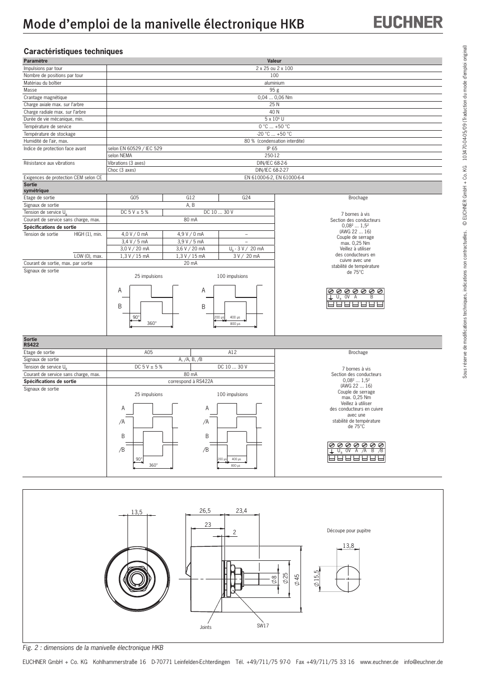 Mode d’emploi de la manivelle électronique hkb, Caractéristiques techniques | EUCHNER HKB electronic handwheel User Manual | Page 6 / 8