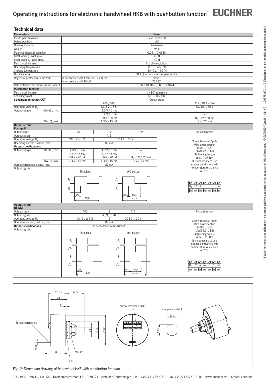 Technical data | EUCHNER HKB with pushbutton function User Manual | Page 4 / 8