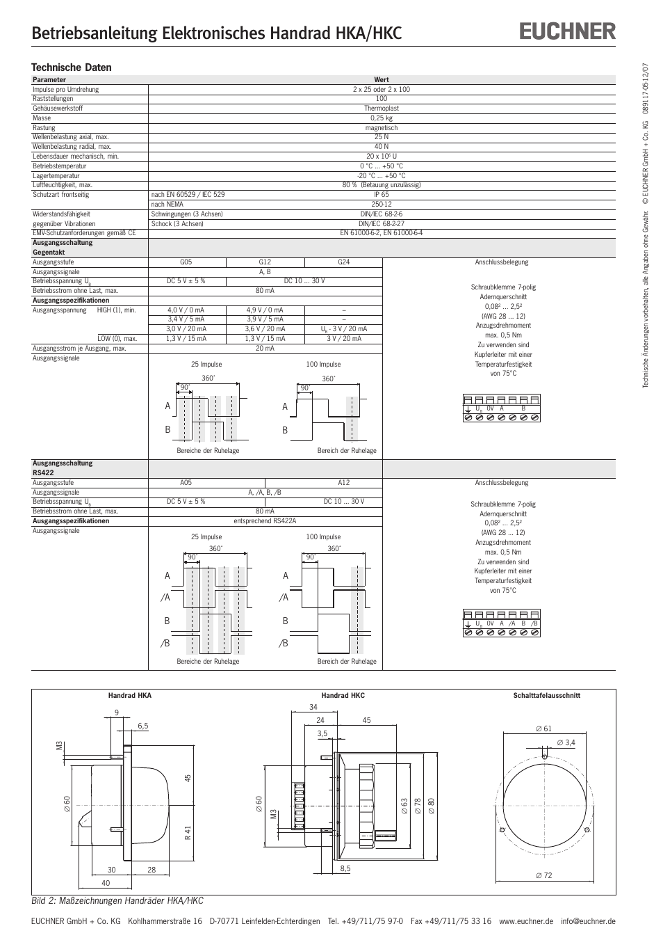 Betriebsanleitung elektronisches handrad hka/hkc, Technische daten | EUCHNER HKA User Manual | Page 2 / 8
