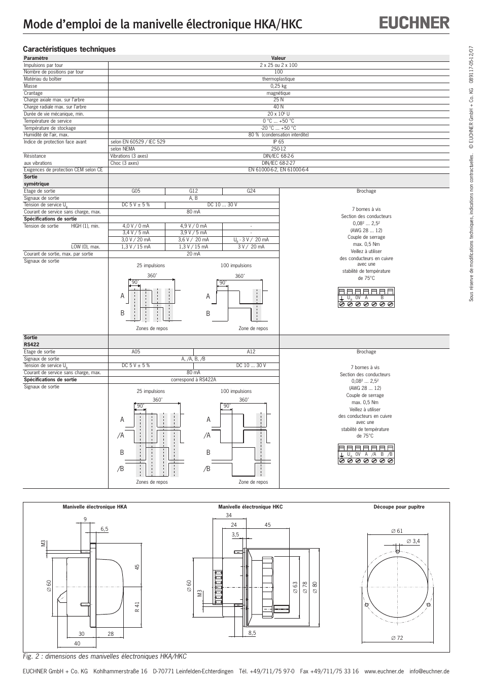 Mode d’emploi de la manivelle électronique hka/hkc, Caractéristiques techniques | EUCHNER HKA User Manual | Page 6 / 8