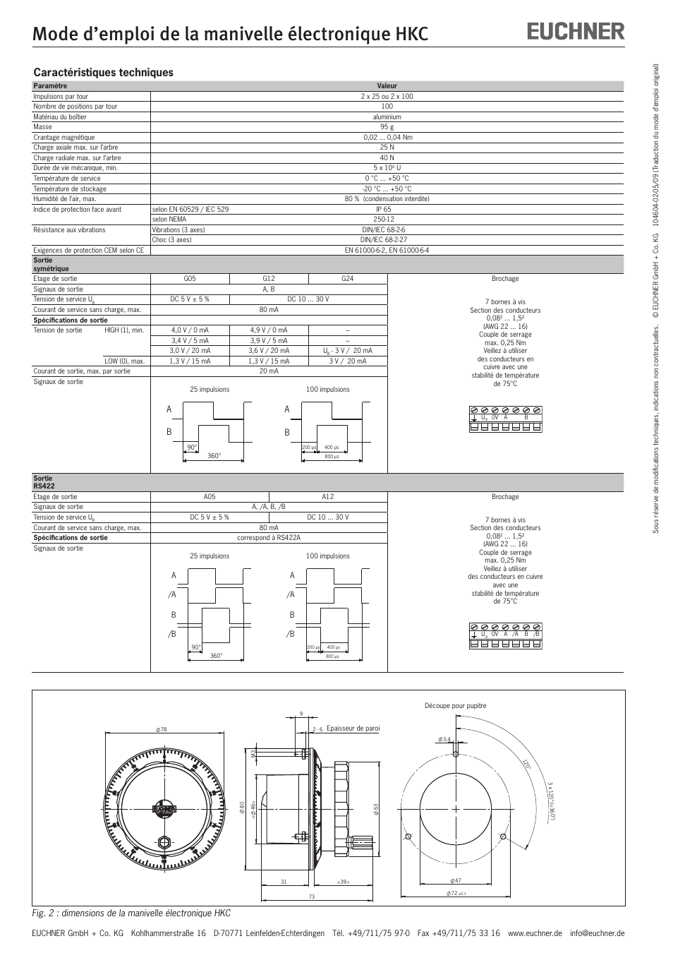 Mode d’emploi de la manivelle électronique hkc, Caractéristiques techniques | EUCHNER HKC User Manual | Page 6 / 8