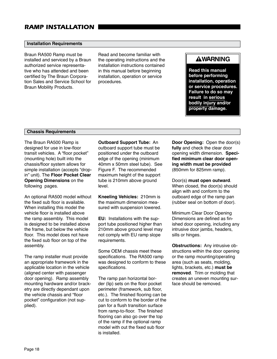 Warning, Ramp installation | Braun RA500 User Manual | Page 20 / 48