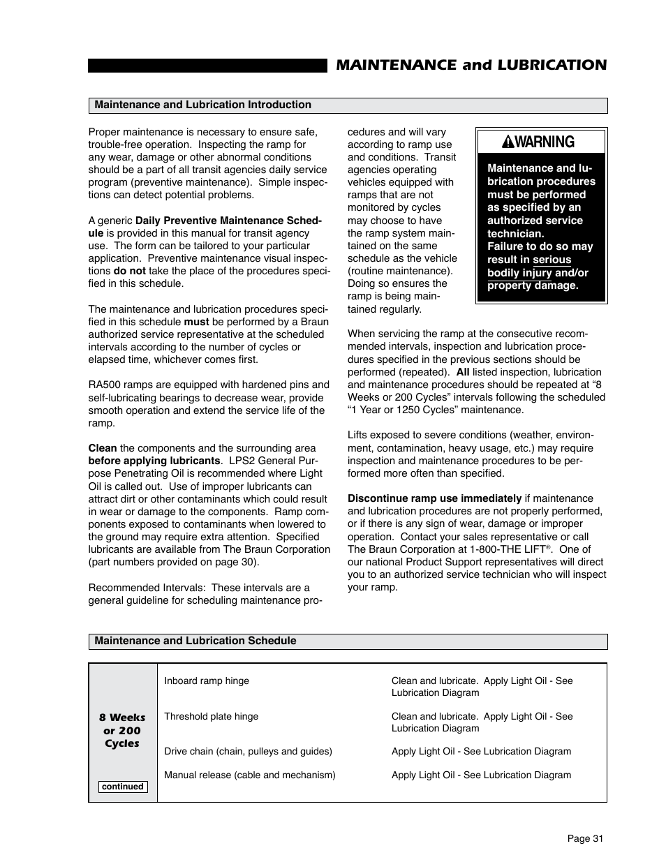 Warning, Maintenance and lubrication | Braun RA500 User Manual | Page 33 / 48