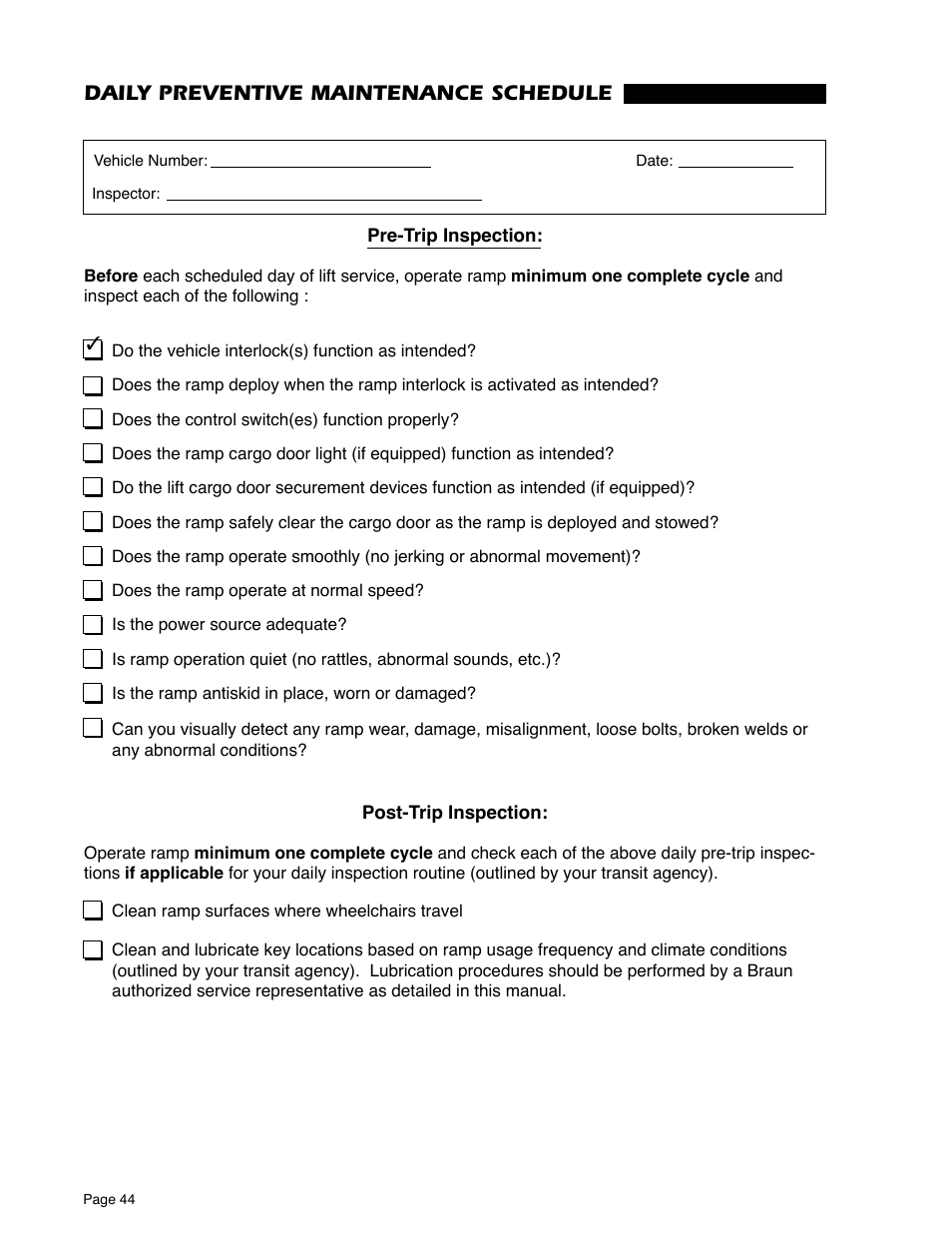 Daily preventive maintenance schedule | Braun RA500 User Manual | Page 46 / 48