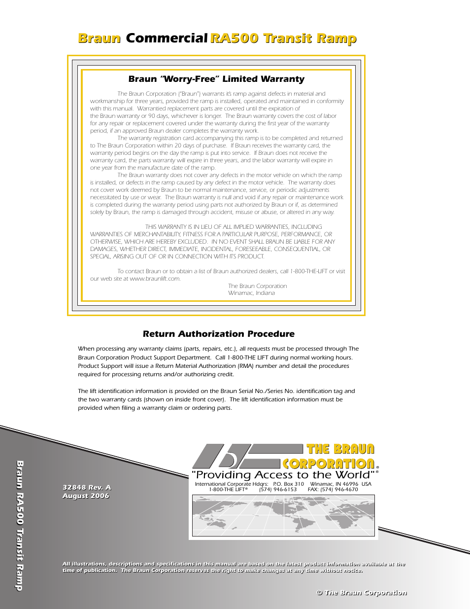 Providing access to the world, Return authorization procedure, Braun “worry-free” limited warranty | Braun RA500 User Manual | Page 48 / 48
