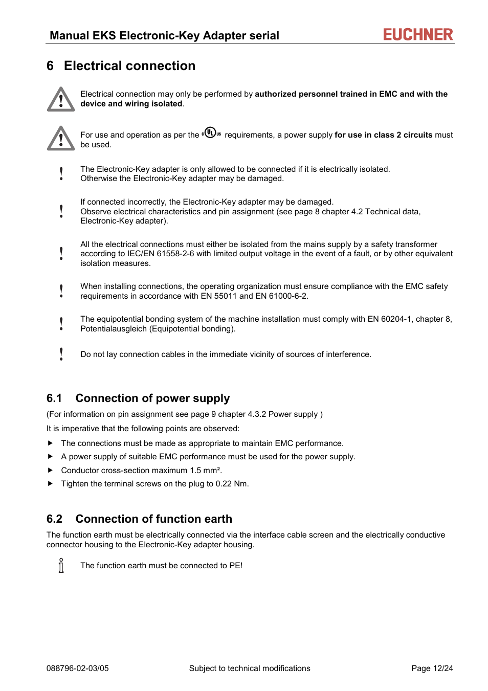 Electrical connection, Connection of power supply, Connection of function earth | 6 electrical connection, 1 connection of power supply, 2 connection of function earth, Manual eks electronic-key adapter serial | EUCHNER Electronic-Key Adapter with serial Interface User Manual | Page 12 / 24