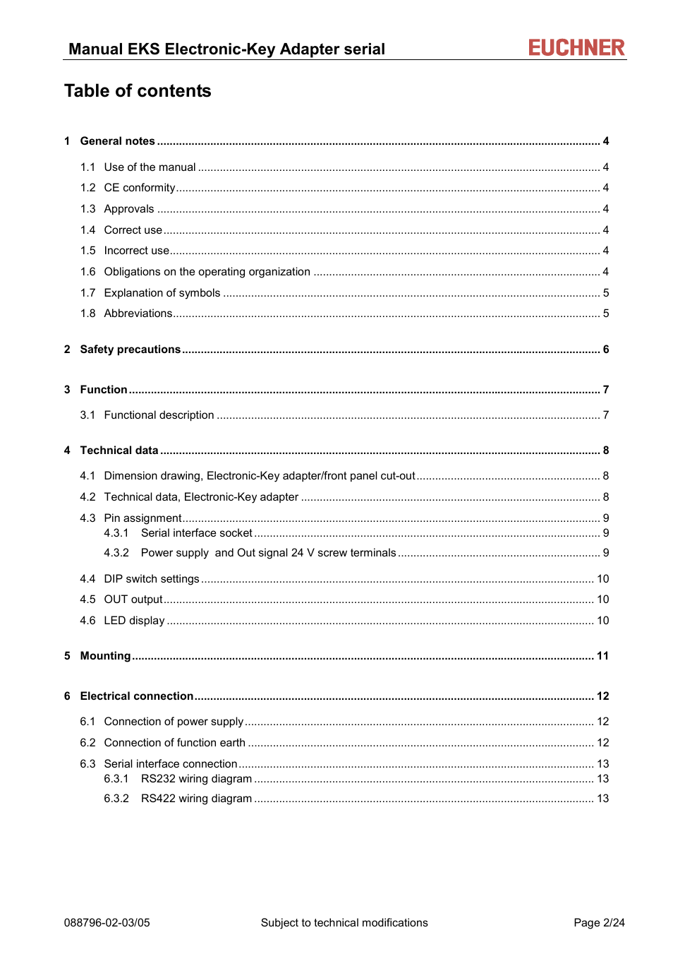 EUCHNER Electronic-Key Adapter with serial Interface User Manual | Page 2 / 24
