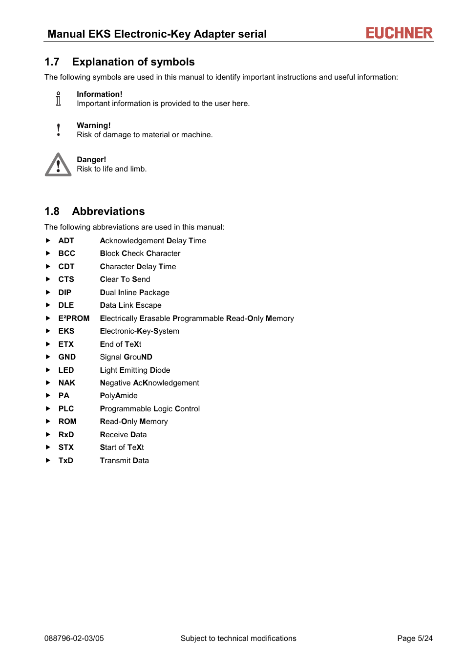 Explanation of symbols, Abbreviations, 7 explanation of symbols | 8 abbreviations, Manual eks electronic-key adapter serial | EUCHNER Electronic-Key Adapter with serial Interface User Manual | Page 5 / 24