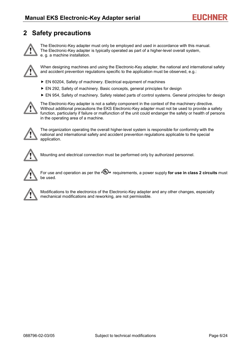 Safety precautions, 2 safety precautions, Manual eks electronic-key adapter serial | EUCHNER Electronic-Key Adapter with serial Interface User Manual | Page 6 / 24