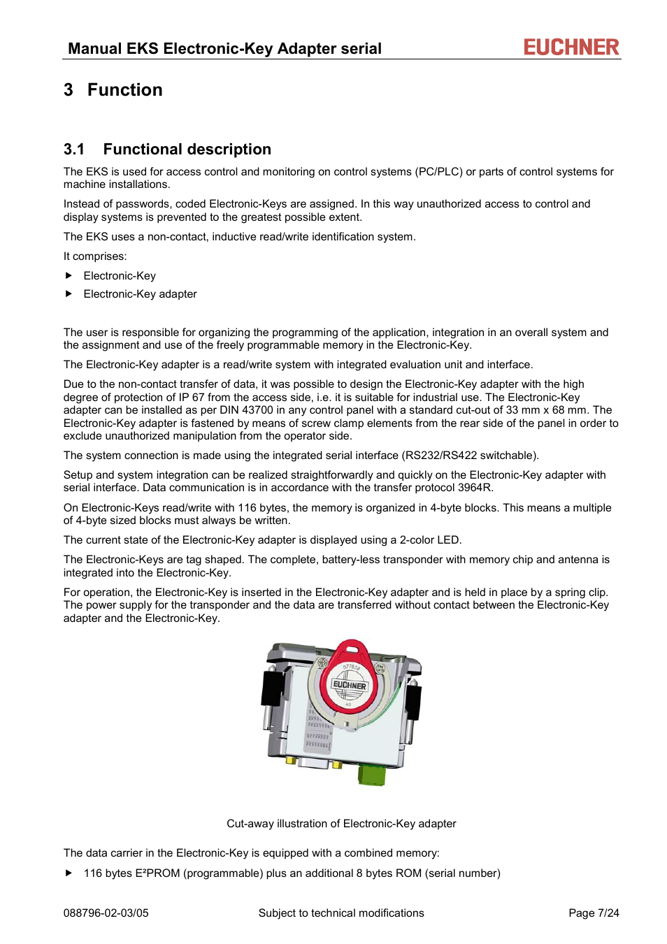 Function, Functional description, 3 function | 1 functional description, Manual eks electronic-key adapter serial | EUCHNER Electronic-Key Adapter with serial Interface User Manual | Page 7 / 24