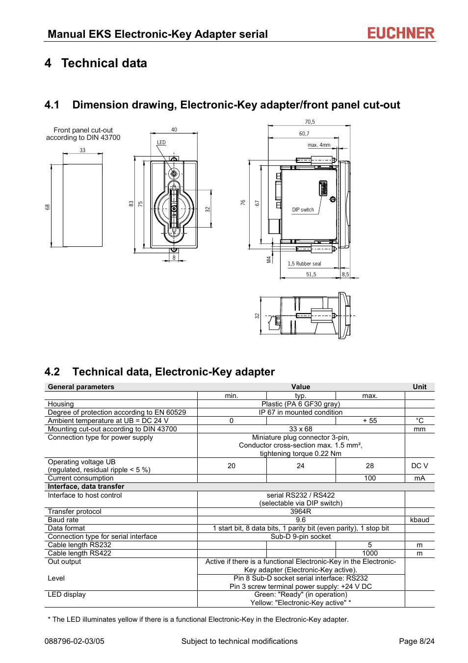 Technical data, Technical data, electronic-key adapter, 4 technical data | 2 technical data, electronic-key adapter, Manual eks electronic-key adapter serial | EUCHNER Electronic-Key Adapter with serial Interface User Manual | Page 8 / 24