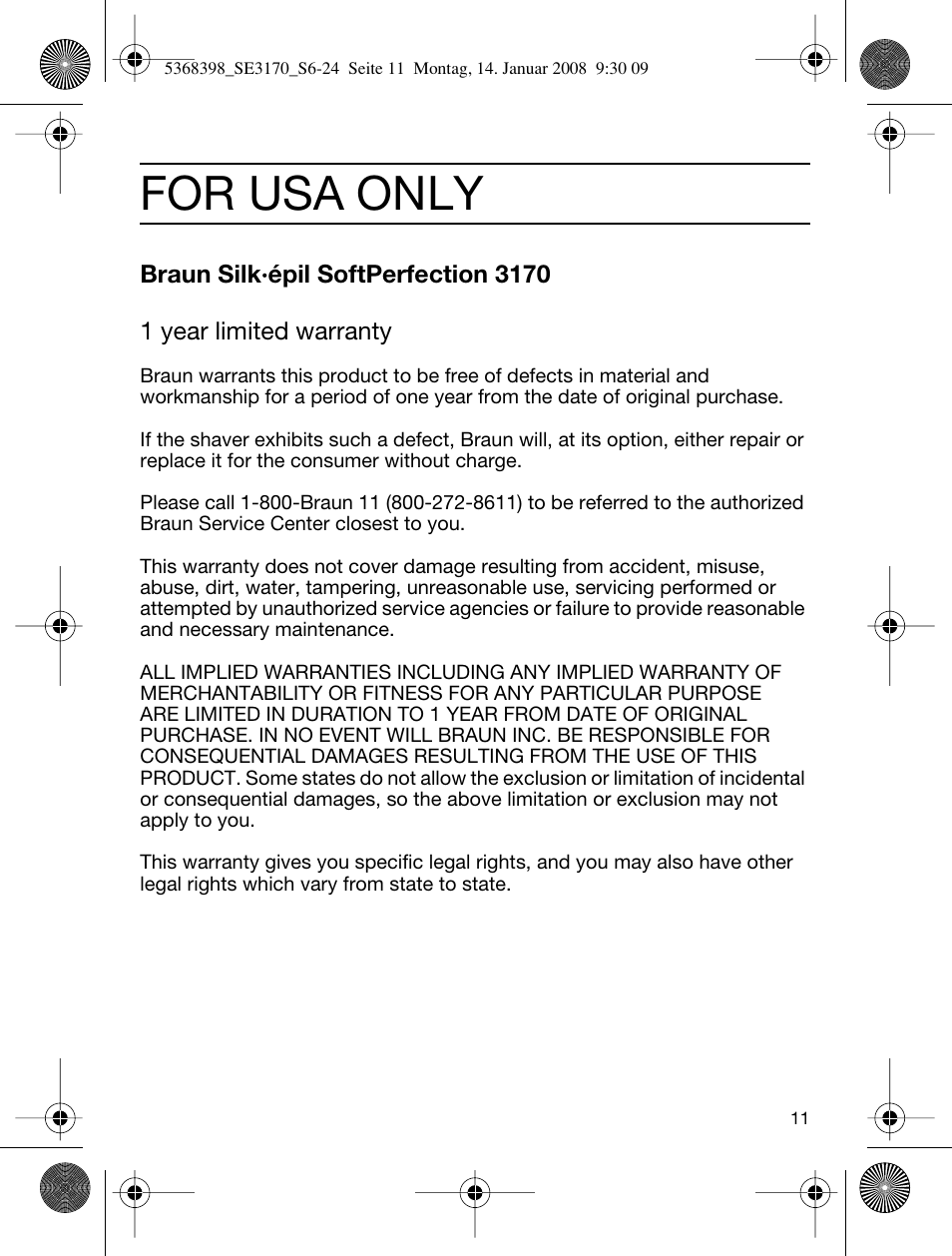 For usa only | Braun 3170 User Manual | Page 10 / 23